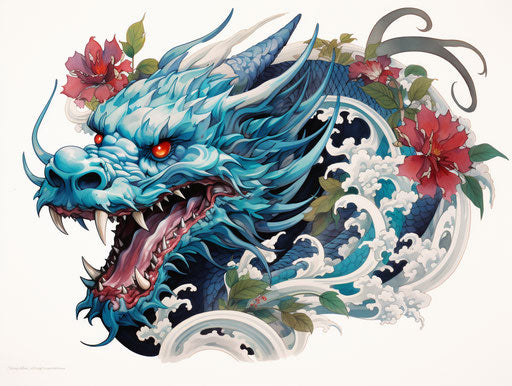 Blue Dragon in Dark Emerald and Dark Crimson Style