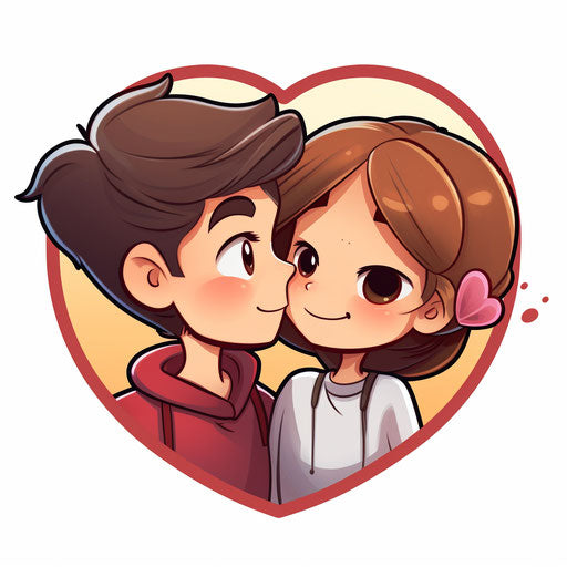 A cute cartoon boy smiling kissing a girl