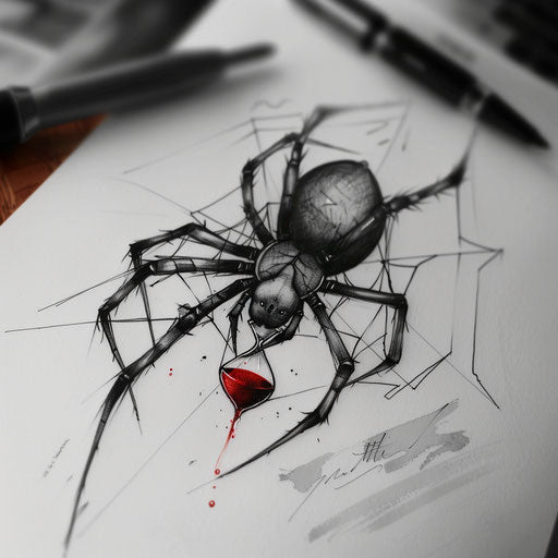 Enchanting black widow tattoo with red hourglass mark