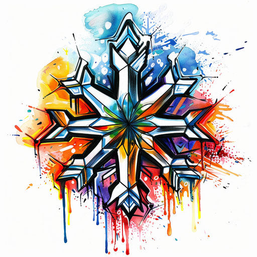 Clipart style tattoo sketch of a snowflake with a graffiti influence, vibrant and edgy