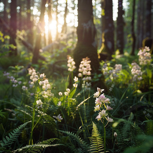 Sunlit forest clearing with ferns and wild orchids