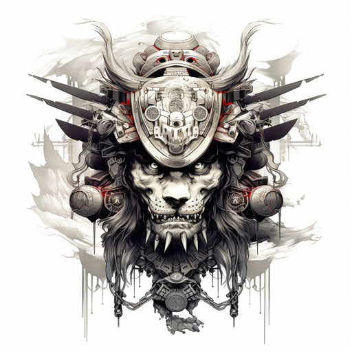 Vintage black and white lion head warrior with skull helmet