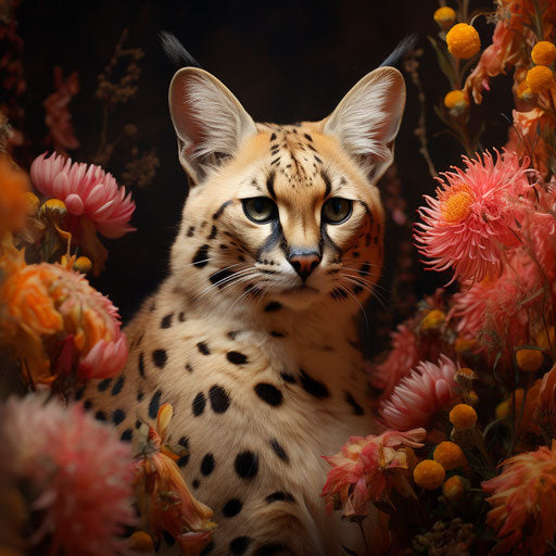A serval cat in a flower bed with beautiful flowers