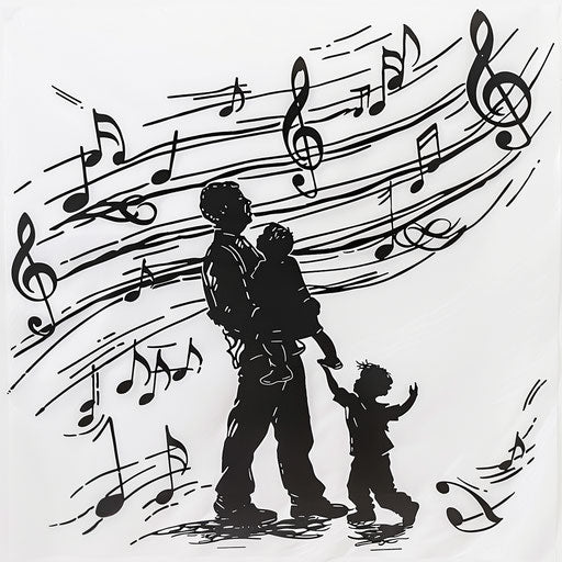 Father and son surrounded by musical notes