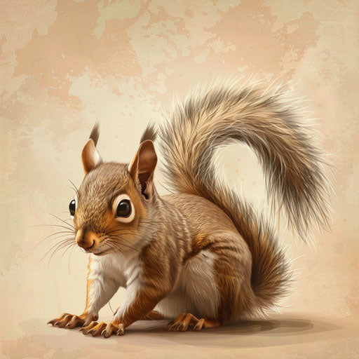 Realistic squirrel clipart on beige background, rustic appeal and intricate patterns