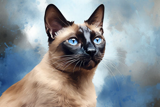 Siamese cat portrait with blue eyes in dark brown and light blue style
