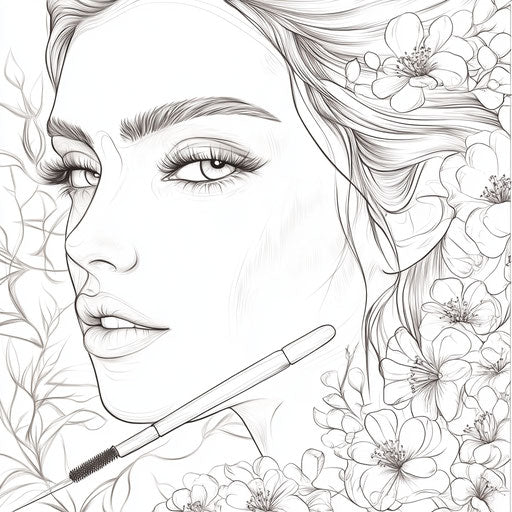 Serene makeup scene with elegant lines and decorations, in the style of Megan Hess, coloring book page