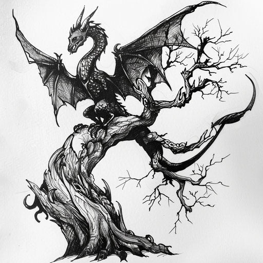 Tattoo sketch of black dragon on ancient tree