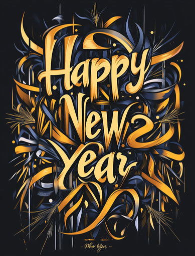 A vector illustration of the words 'Happy New Year' with ribbons and fireworks