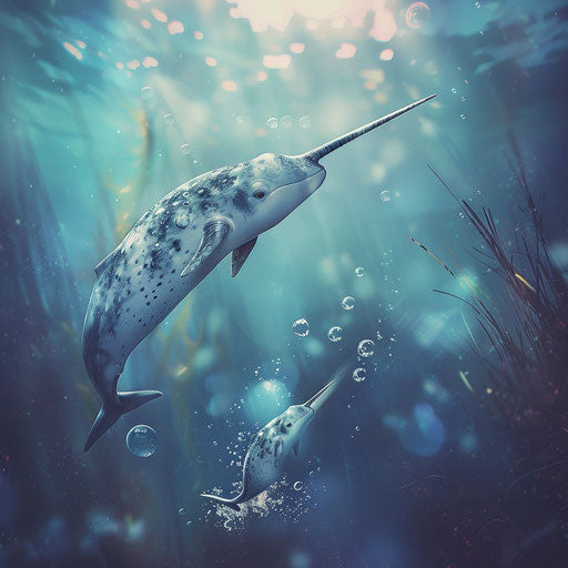 A narwhal calf swimming near its mother, Ashraful Arefin style
