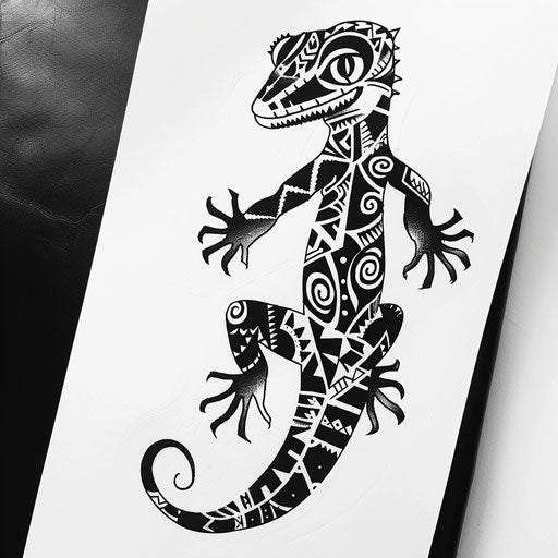 Sketch of an exotic gecko with traditional Polynesian tattoo motifs