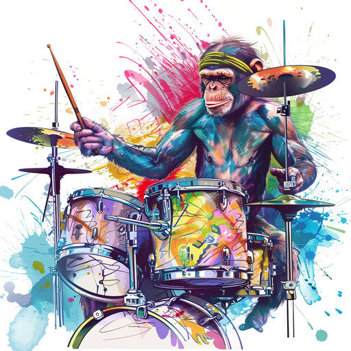 Dynamic monkey drummer, vibrant musical tattoo theme