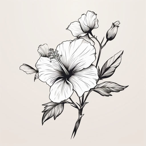 Black and white drawing of hibiscus flower, style cherry blossoms