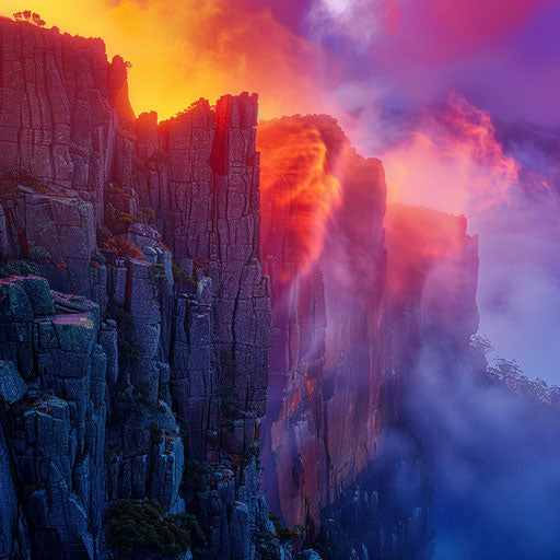 Mount Wellington, Tasmania at sunrise with vibrant colors and mist