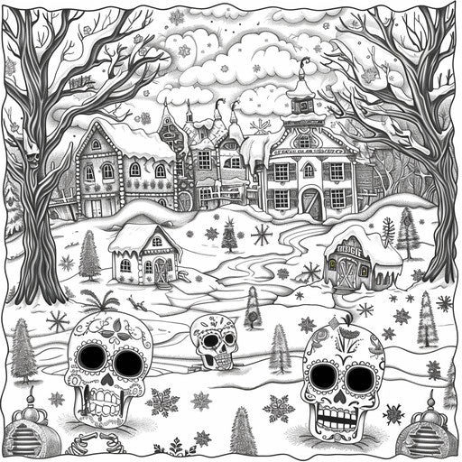 Day of the Dead scene with winter elements, Jan Brett style, Coloring page
