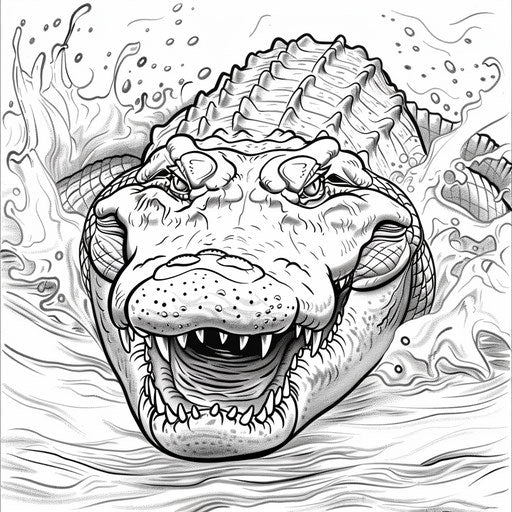 Powerful alligator diving into water, coloring book page