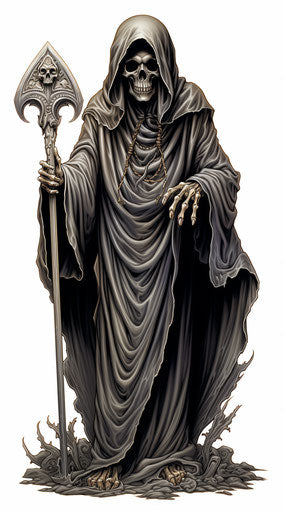 Sketches of death figure, detailed silver and bronze style