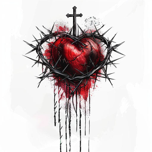 Crown of thorns encircling heart, dark red and black tattoo design on white background