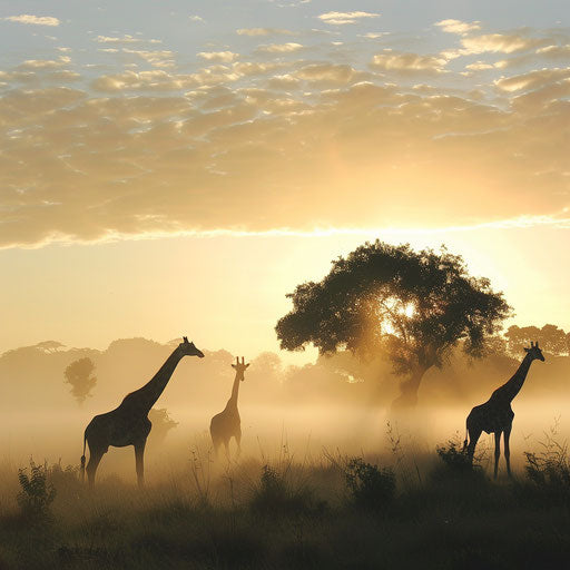 Misty morning on the savanna, giraffes emerge from the fog at sunrise