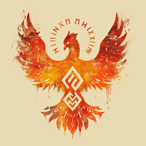 Dynamic flat tattoo sketch of Nordic runes in fiery phoenix silhouette