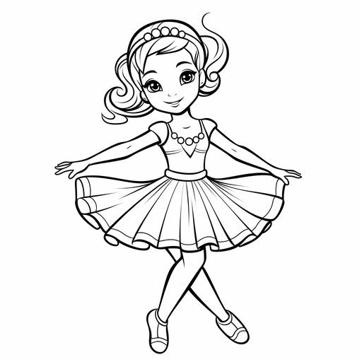 Coloring page of a cartoon girl ballerina, simplistic and detailed style