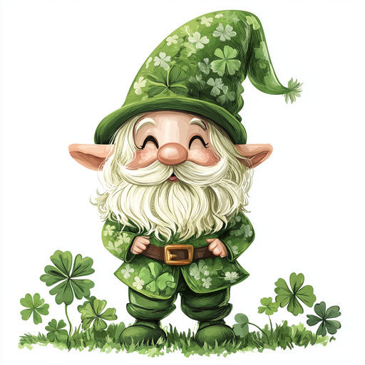 Cute St. Patrick's Day gnome with big hat, clovers clipart white background