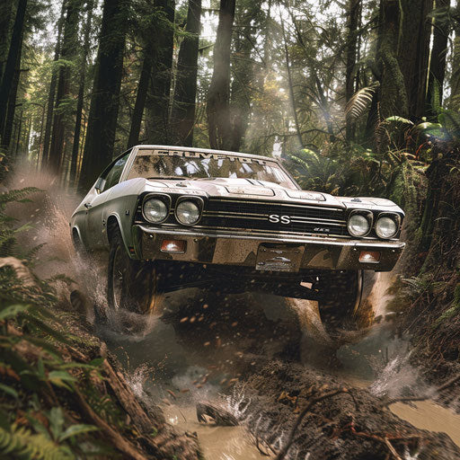 1969 Chevrolet Chevelle SS rallying in mud on forest rally stage