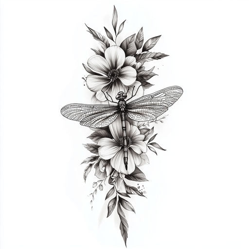 Arm tattoo with dragonfly and flowers in black and white