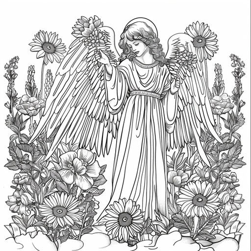 A majestic angel in a garden of blooming flowers