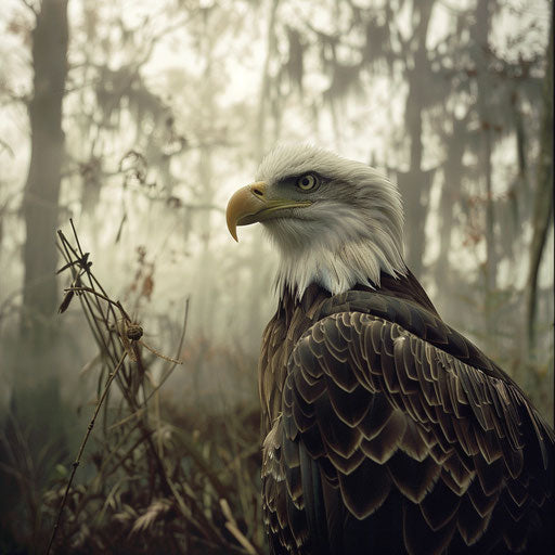 Intense gaze of a bald eagle on misty Louisiana bayou