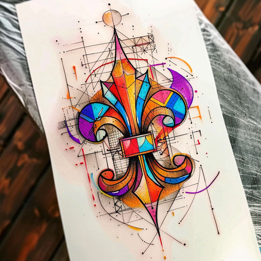 Modern tattoo sketch of a fleur de lis with geometric patterns and bright neon colors