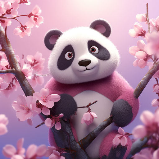 Panda on floral branch, animated cartoon realism, pink and magenta