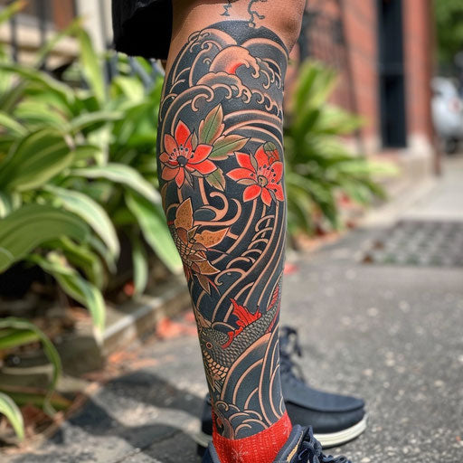 Calf tattoo with Japanese influences, Ami James style