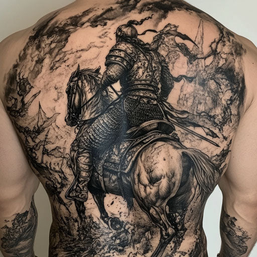 Viking tattoos for men with a Viking warrior on horseback charging into battle