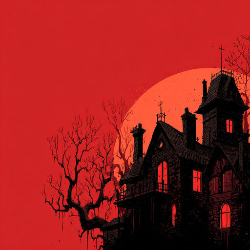 Haunted house with red windows and a spooky tree
