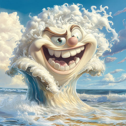 Humorous caricature of a wave with exaggerated chubby cheeks