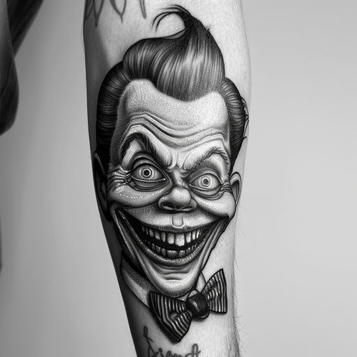 Creepy ventriloquist dummy with a sinister smile