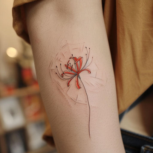 Contemporary minimalist tattoo sketch of a red spider lily with a single continuous line