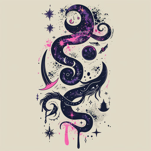 Whimsical flat tattoo sketch with playful purple and pink symbols