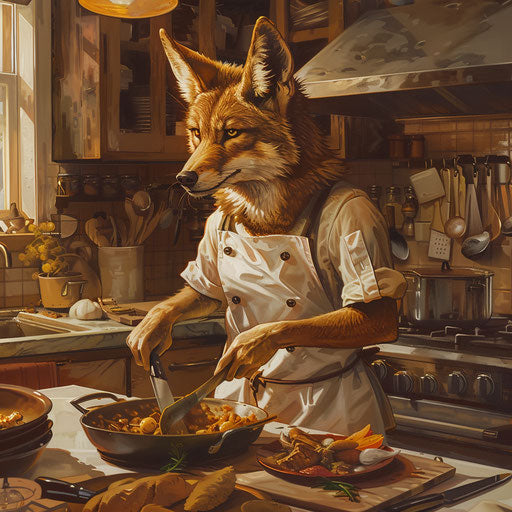 A coyote chef cooking in a busy kitchen