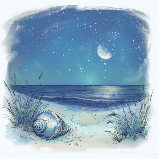 Moonlit seashell on sandy beach in silvery blues and whites