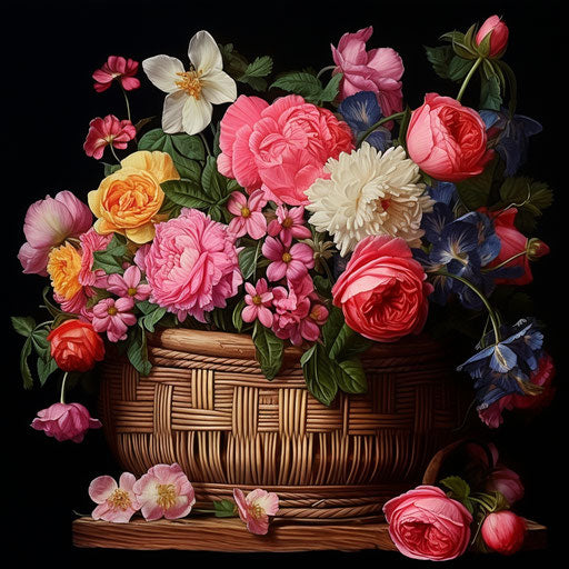 Flowers and a basket in a wooden basket, in the style of flowerpunk, captivating, pretty, beautiful