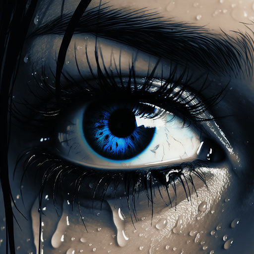 One eye of a woman in black and white, torn, water drops, silver night