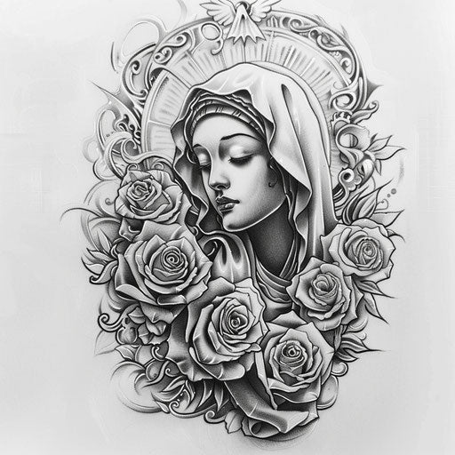 Tattoo sketch of a Chicano art Virgin Mary with roses