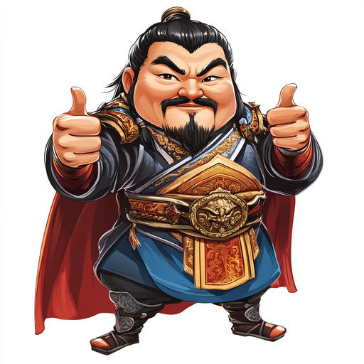 Humorous caricature of a Genghis Khan clipart with human characteristics, exaggerated large nose, toe feet, cape, vibrant colors, cartoon style, thumbs up, high resolution, no background, isolated -c 40