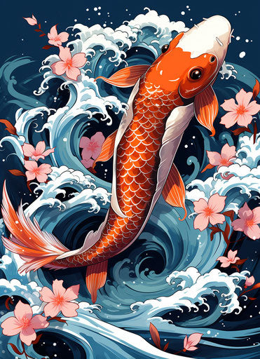 Japanese koi fish in waves with blossoms, classic tattoo style