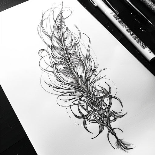 Sketch of a feather tattoo with Celtic knotwork