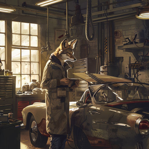 The coyote mechanic of classic cars in a sunlit garage