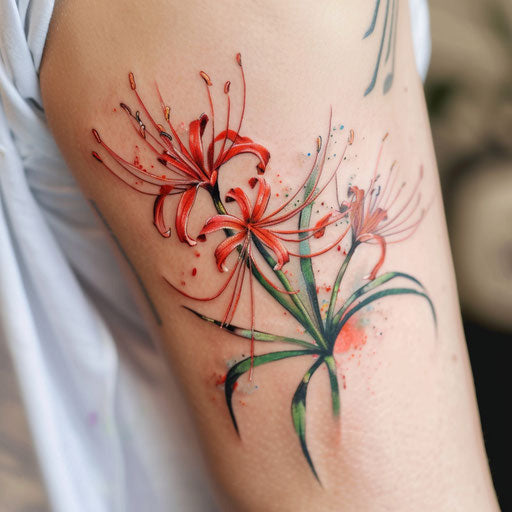 Watercolor spider lily tattoo, vivid red and green colors splashed on stark white background