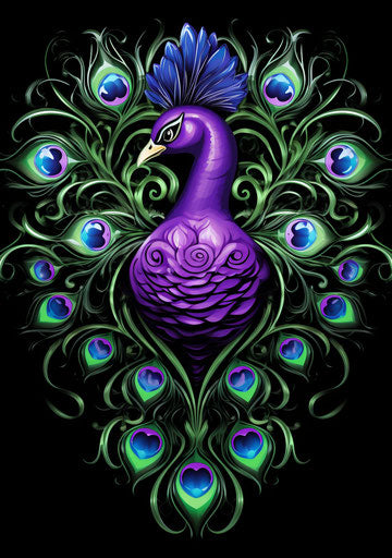 Peacock and heart in tattoo-inspired style, violet and green